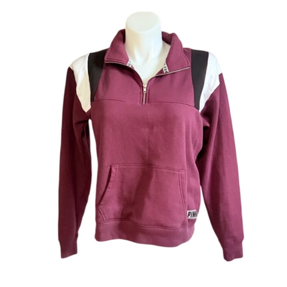 PINK Victorias‎ Secret Quarter Zip Pullover Sweatshirt Maroon Colorblock Small